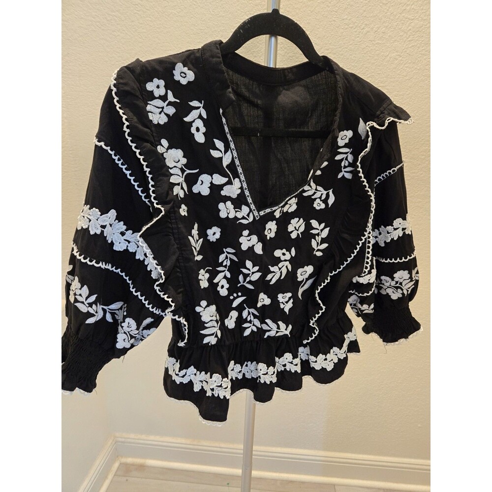 SHEIN Floral Embroidered Peplum Blouse Black V-Neck Ric Rac Top Women Size M